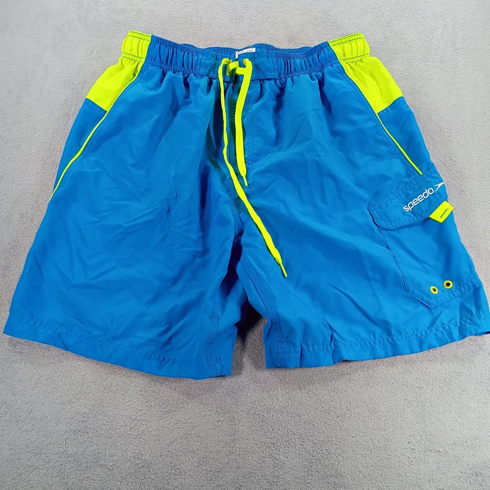 Speedo Mens Swim Trunks Blue Neon Yellow XL Cargo Pocket Board Shorts